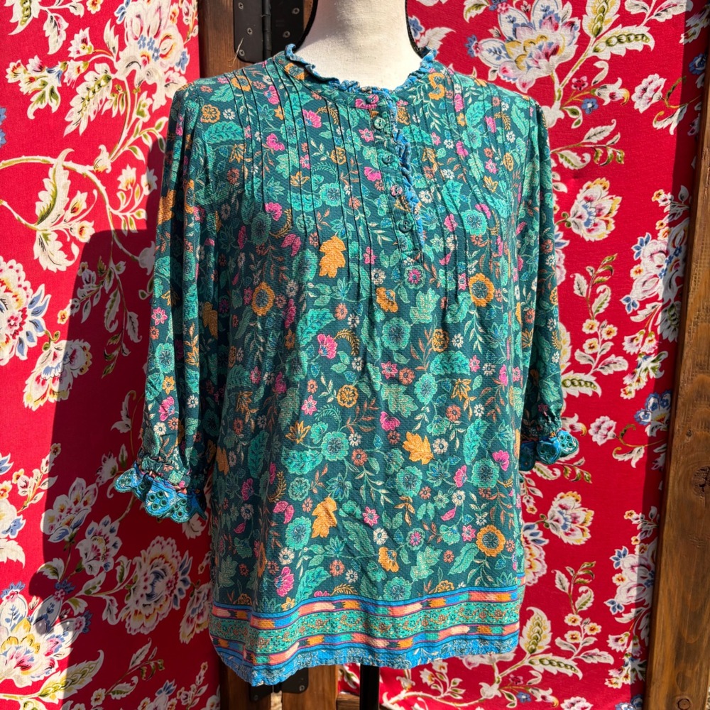 Blue Teal Floral Button Front 3/4 Sleeve Boho Whimsy Peasant Blouse Size L